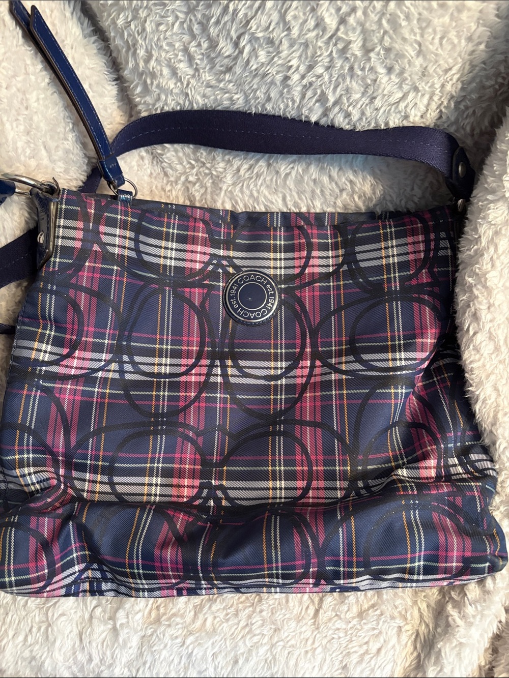 Coach Navy and Pink Plaid Signature Crossbody Bag with Circle Logo